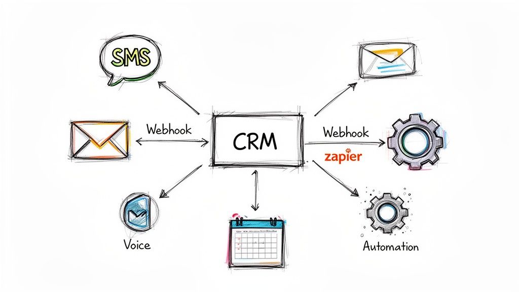 Diagram showing CRM at the center, integrating with SMS, Email, Voice, Calendar, and Automation via Webhooks and Zapier.