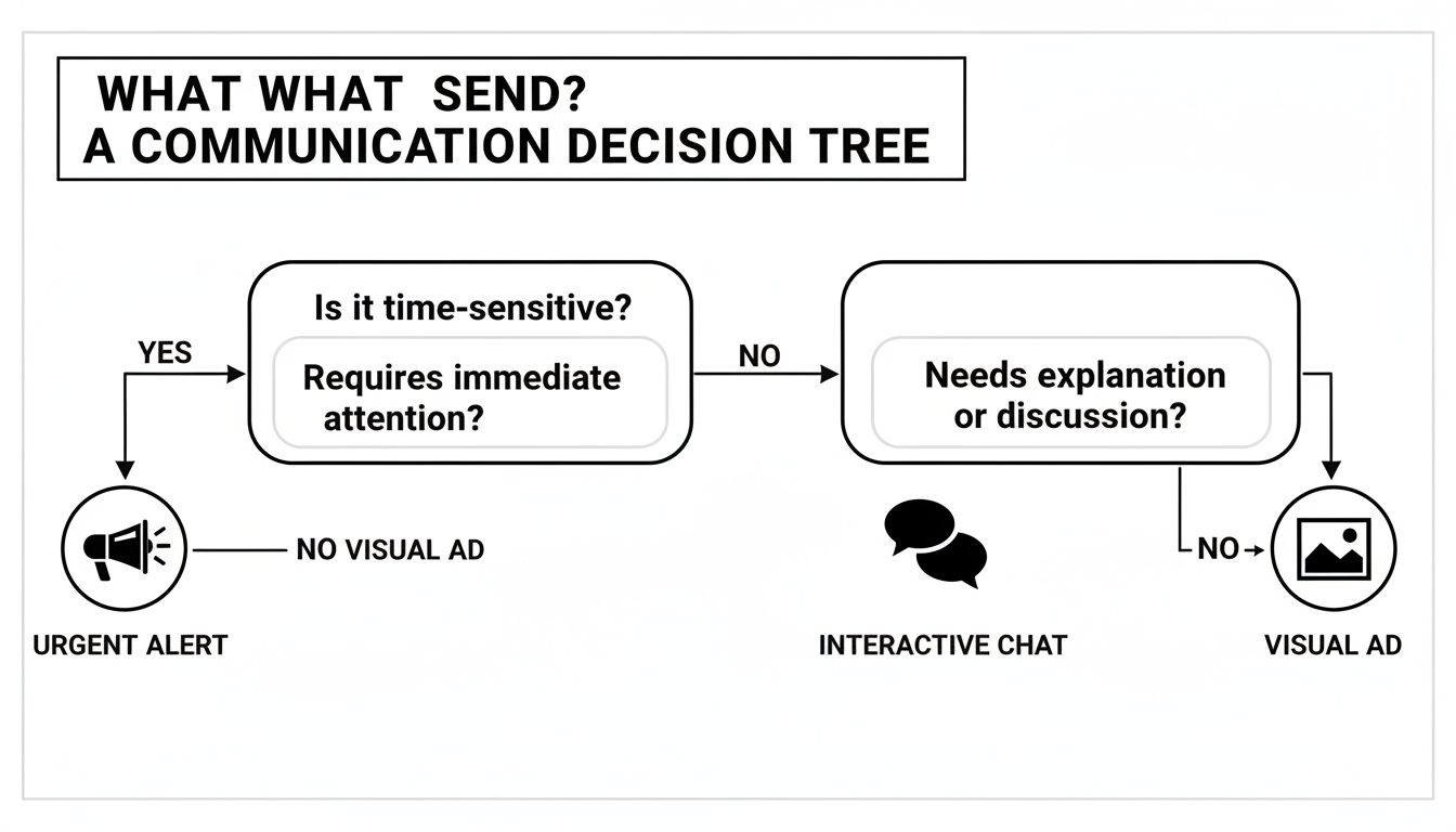 A communication decision tree flowchart for choosing the right message type based on urgency and discussion need.