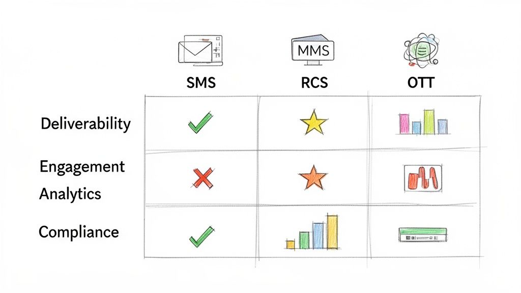 Table comparing deliverability, engagement analytics, and compliance for SMS, RCS, and OTT messaging.