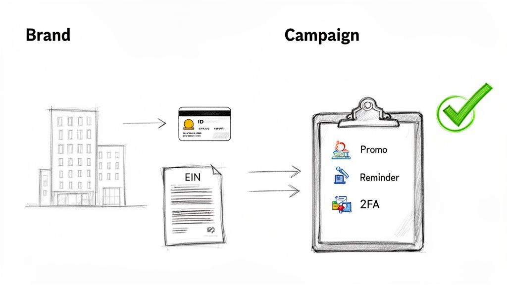 A flowchart illustrating brand identity and EIN connecting to campaign elements for successful marketing.