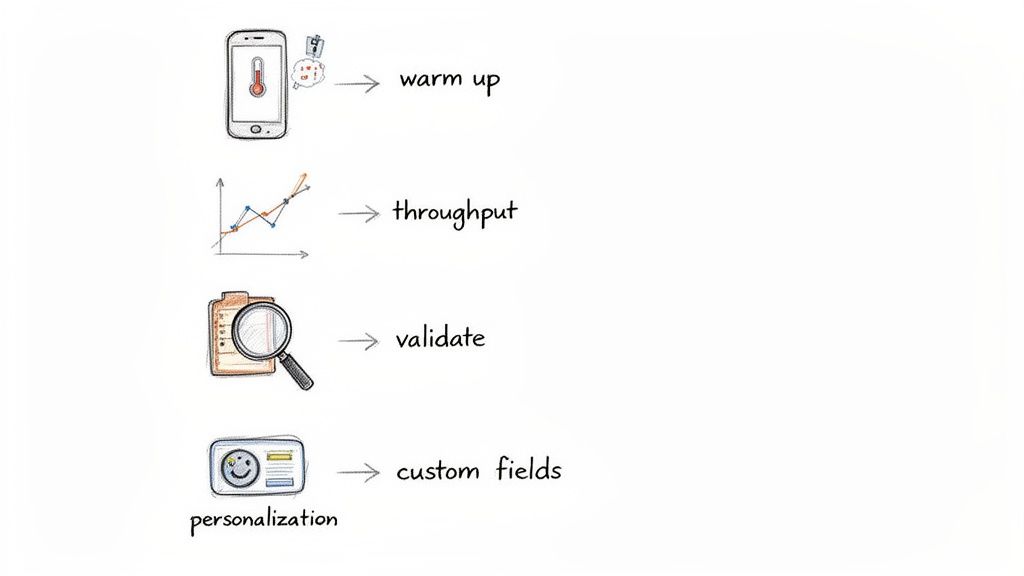 A diagram illustrating four workflow steps: warm up, throughput, validate, and custom fields, each with a corresponding icon.
