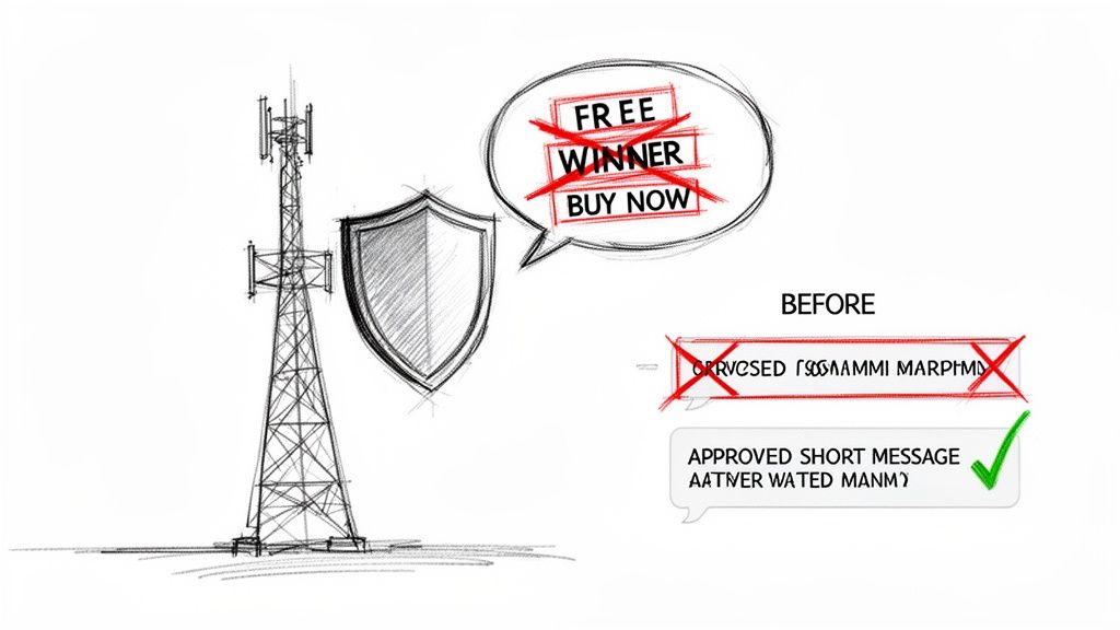 An illustration of a cell tower and a shield blocking spam messages, allowing approved short messages.
