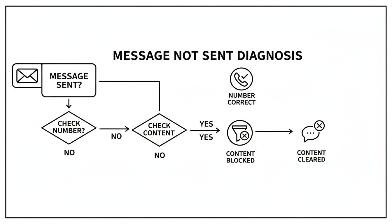 A diagnostic flowchart titled 'Message Not Sent Diagnosis' detailing steps for troubleshooting unsent messages by checking the number and content.