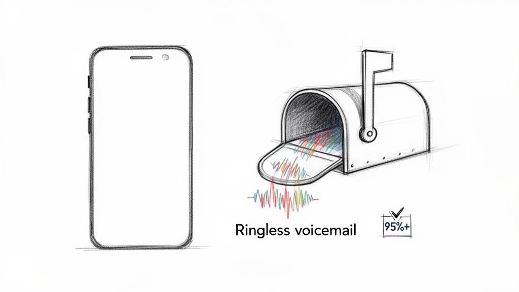 A sketch illustrating a smartphone and a mailbox with colorful sound waves, representing ringless voicemail technology with 95%+ success.