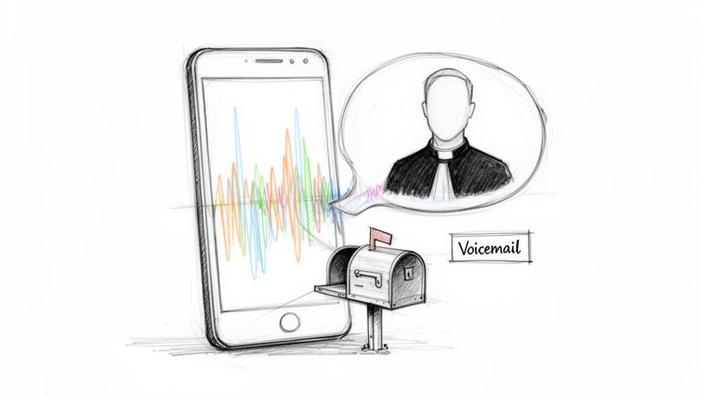 Hand-drawn illustration of a smartphone with sound waves, a priest icon, and a mailbox, symbolizing voicemail management.