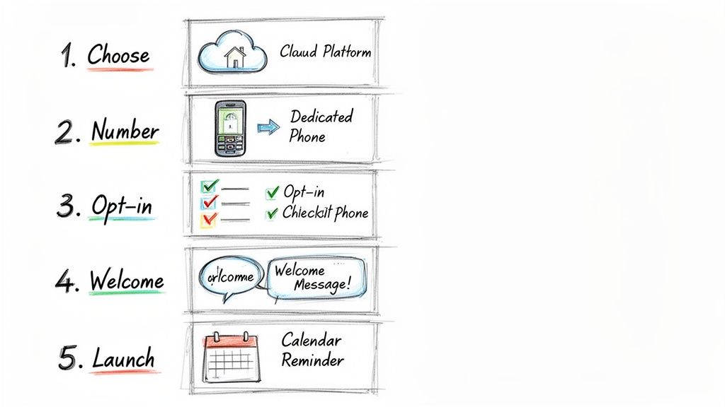 A five-step handwritten process diagram illustrating setting up a messaging service, from cloud platform to launch.