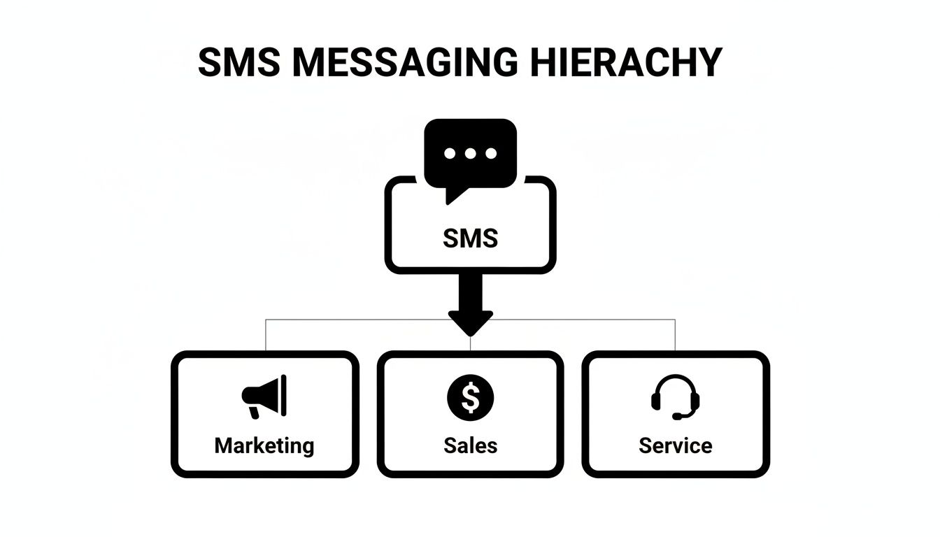 A hierarchy diagram showing SMS messaging applications for marketing, sales, and customer service.