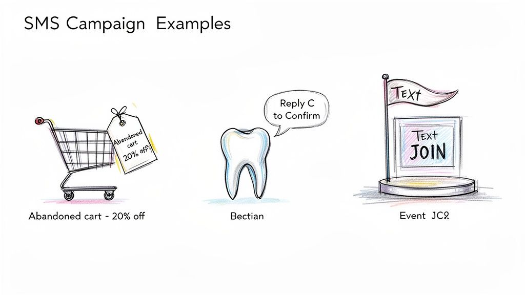 Illustrations of SMS campaign examples: abandoned cart discount, appointment confirmation, and event sign-up.