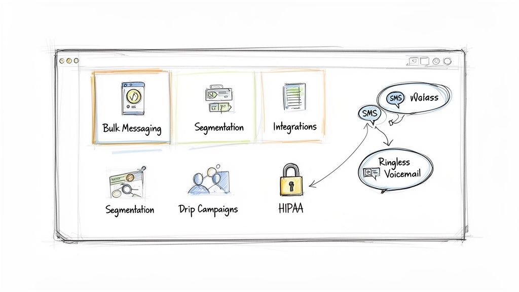 Sketch of a digital marketing platform dashboard featuring bulk messaging, segmentation, drip campaigns, and HIPAA compliance.