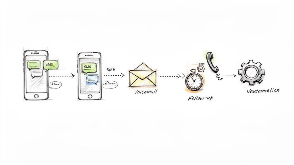 A sketched diagram illustrating a communication and automation workflow: SMS, voicemail, follow-up, and Vautomation.