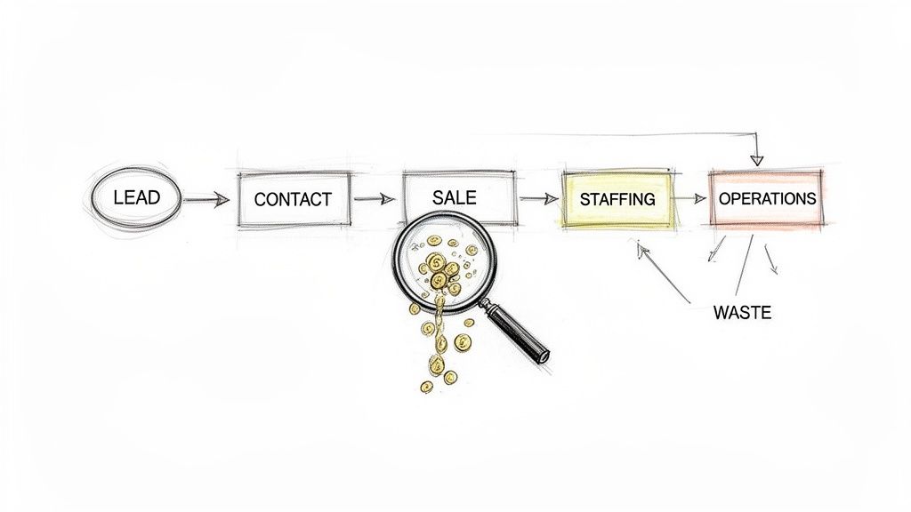 A hand-drawn business process diagram showing money flow from Sale, through Staffing and Operations, leading to Waste.