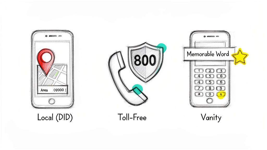 Illustrations of local DID, toll-free, and vanity phone numbers, with a map, 800 shield, and memorable word.