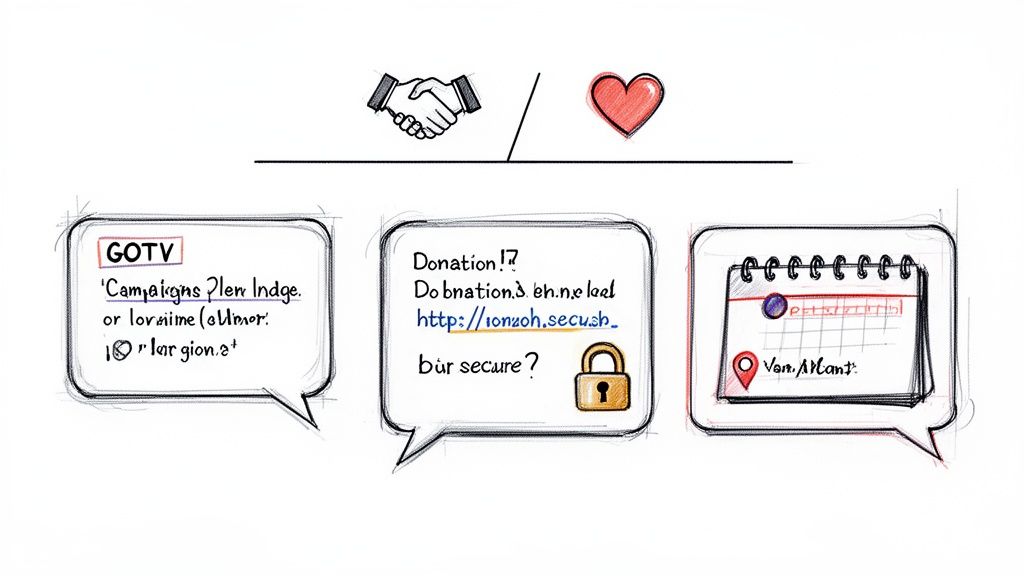 Sketch of political campaign concepts, including GOTV, secure online donations, and event planning.