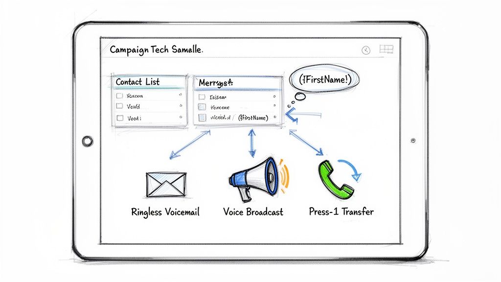 Tablet screen showing a campaign tech interface for managing contacts and sending ringless voicemail, voice broadcasts, and transfers.