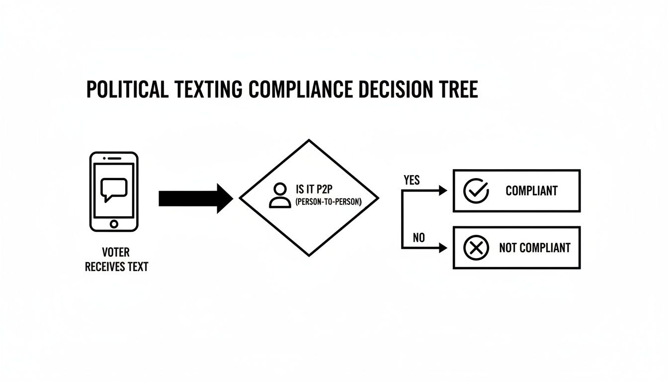 A flowchart illustrates political text messaging compliance based on person-to-person interaction.