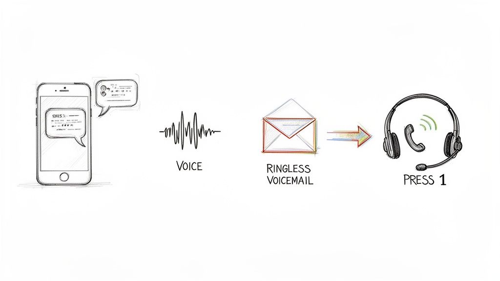 Diagram illustrating customer communication methods: SMS, voice, ringless voicemail, and 'press 1' call center.