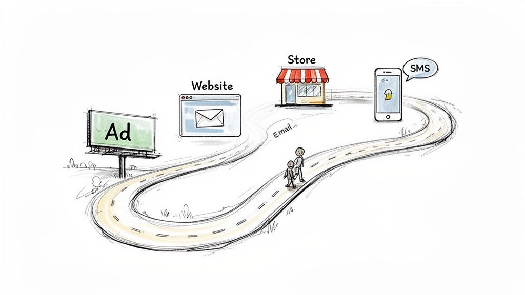 A winding road illustrates the customer journey, featuring various touchpoints like an Ad billboard, Website, Store, and SMS.