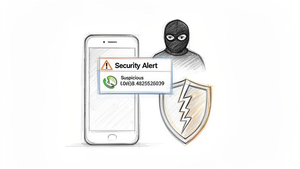 A smartphone displays a security alert with a suspicious call, next to a burglar and a broken shield.