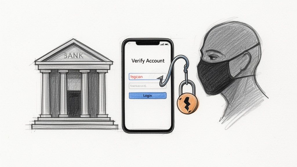 A phishing scam depicted with a bank building, a phone login screen, a hook, and a broken padlock.