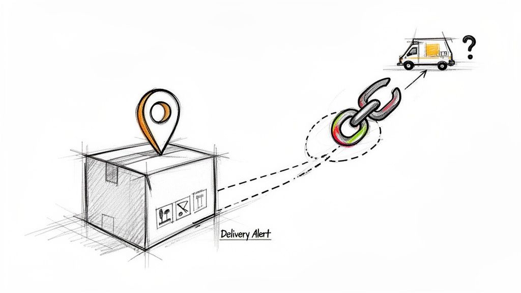 Sketch showing a package with a location pin, linked by a chain to a delivery van and a question mark.