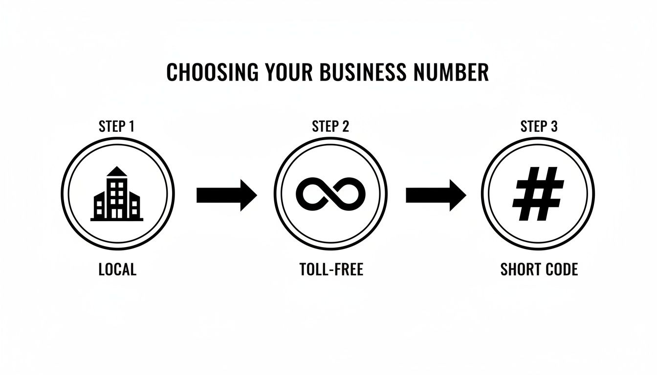 Infographic showing three steps to choose a business number: local, toll-free, or short code.