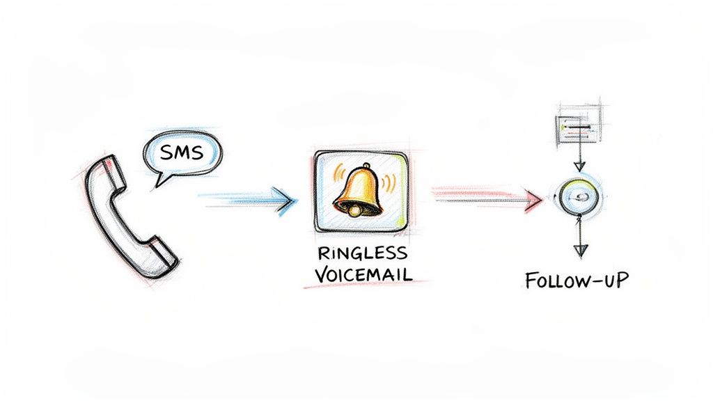 A flowchart showing a telephone and SMS leading to ringless voicemail, then a follow-up process.