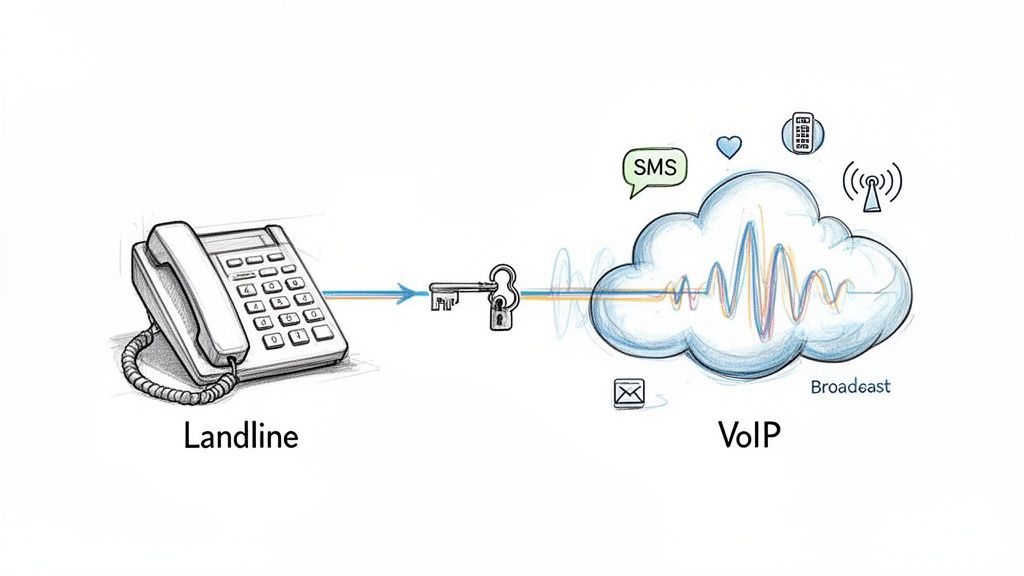 A landline phone connects securely to a VoIP cloud, illustrating modern communication services.