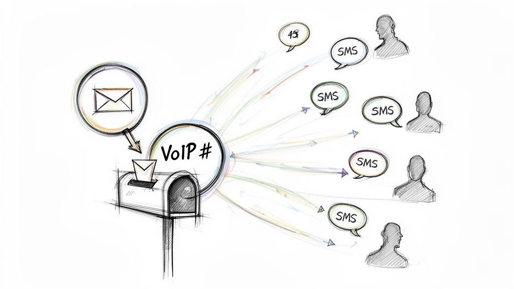Diagram showing an email sent to a VoIP number converting into multiple SMS messages for users.