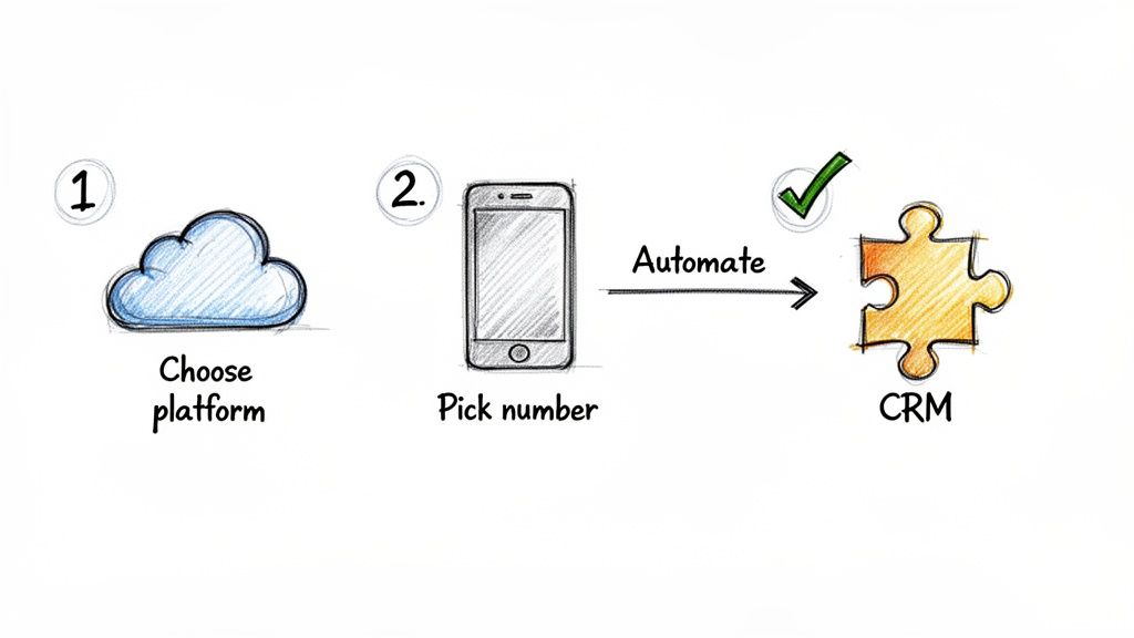 A diagram detailing the process of choosing a platform, picking a number, and automating CRM integration.