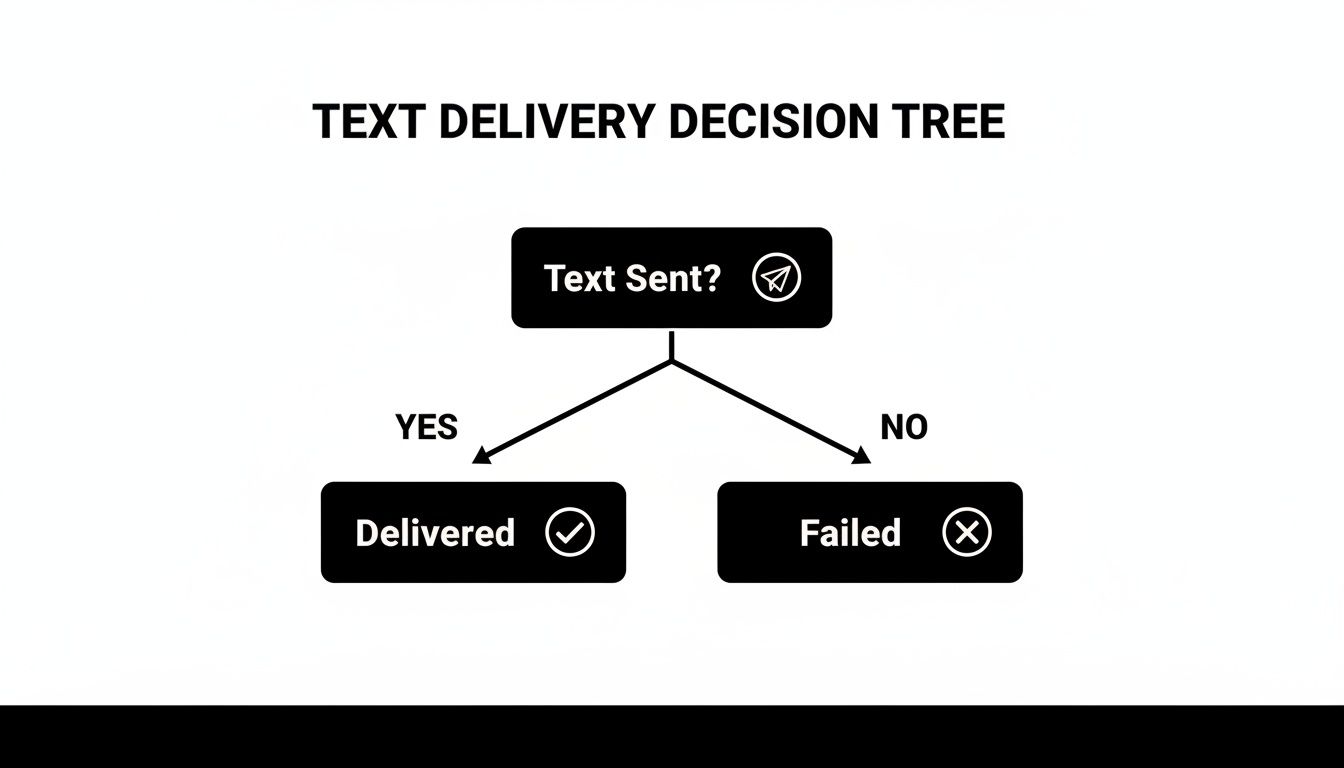 A decision tree illustrating the text message delivery process, showing 'Text Sent?', 'Delivered', and 'Failed' states.