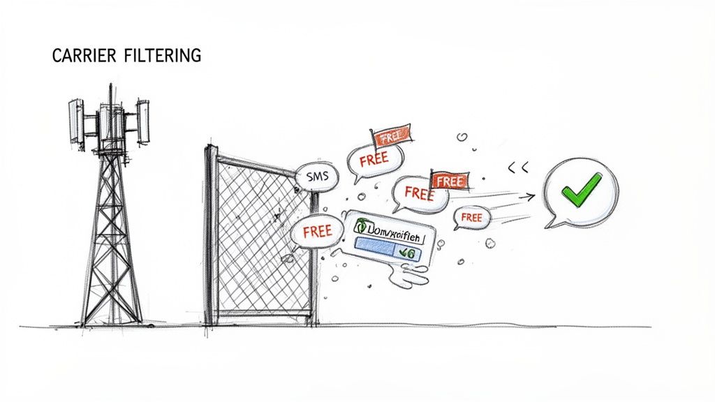 Illustration of carrier filtering, showing messages blocked by a fence, with a few approved messages passing through.