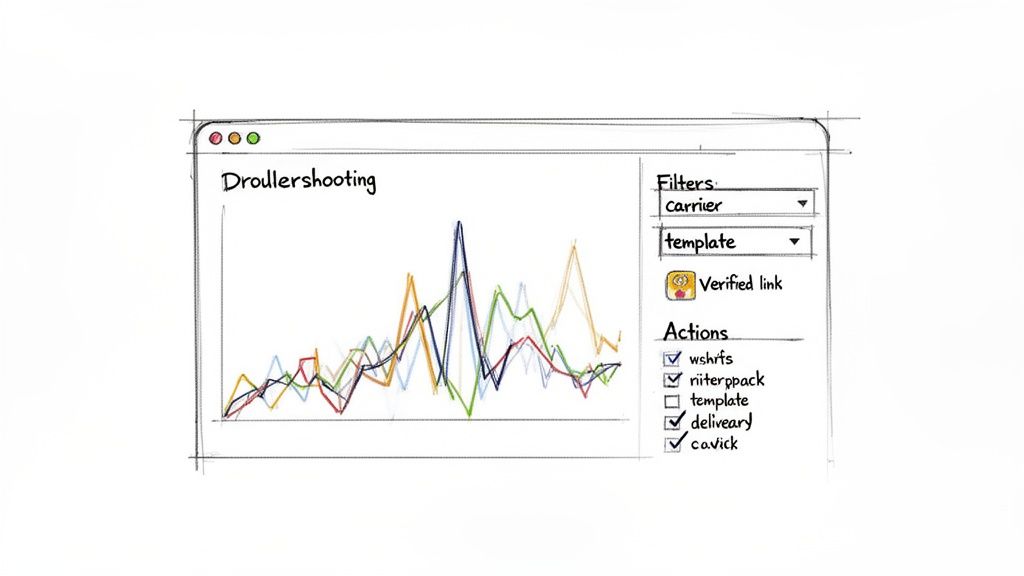 Hand-drawn sketch of a 'Droullershooting' app interface showing a line graph, filters, and action items.