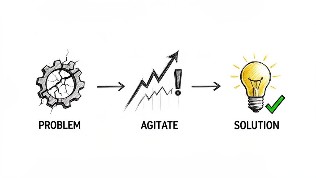 A visual diagram illustrating the problem-agitate-solution sales and marketing framework.