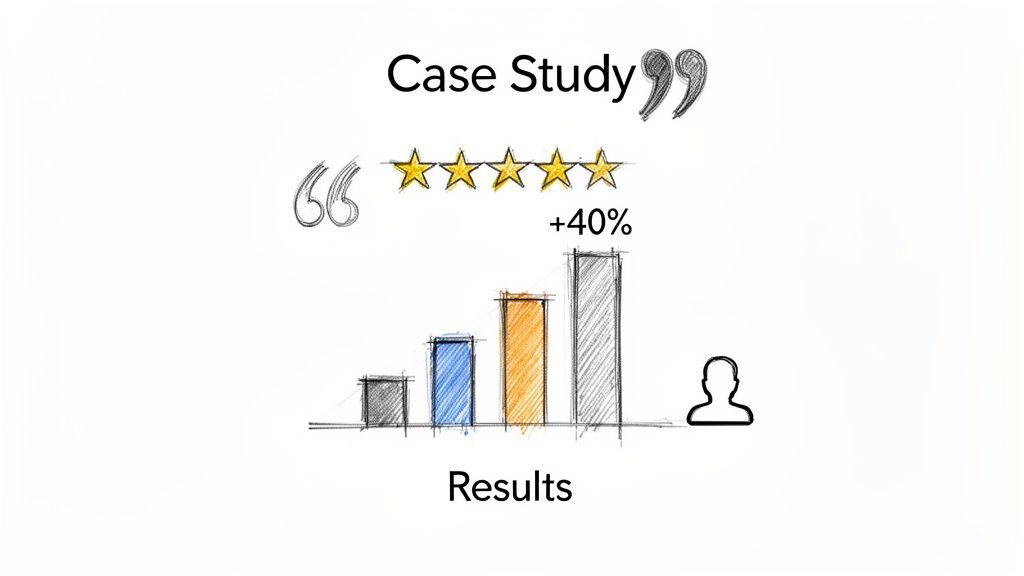 A sketch illustrating a case study showing a 5-star rating, a bar chart with +40% growth, and positive results.