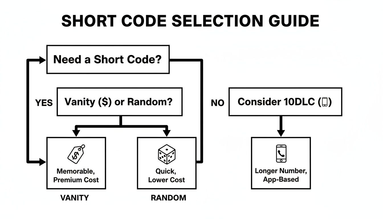 Flowchart guiding selection of short codes: Vanity (memorable, premium) or Random (quick, lower cost), or 10DLC.