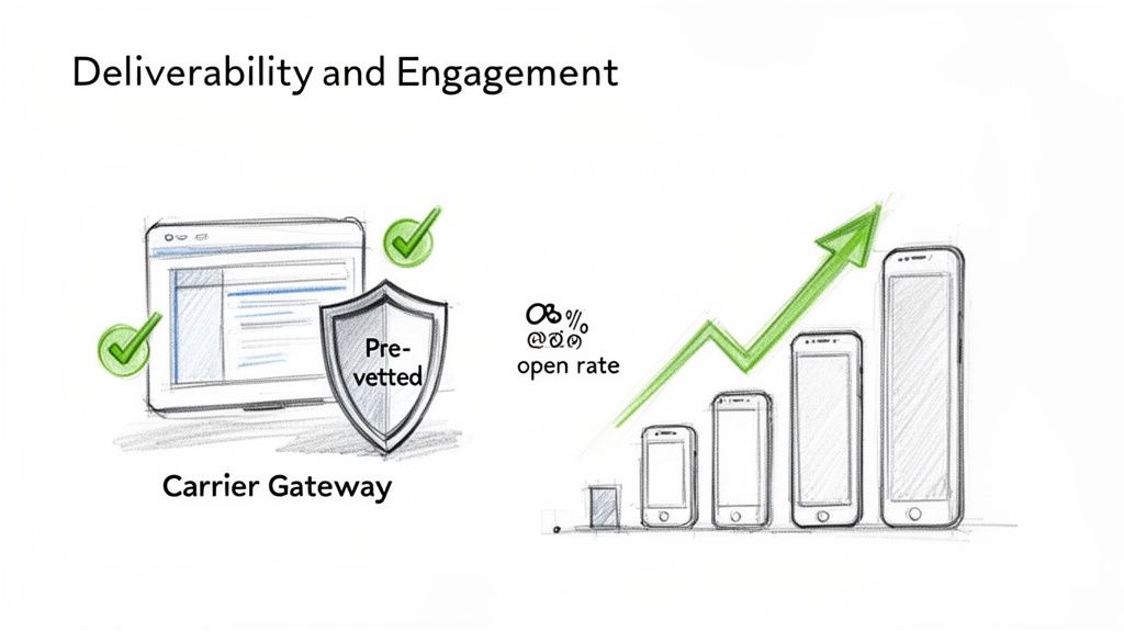 Diagram illustrating improved deliverability and engagement with a pre-vetted carrier gateway and increasing mobile open rates.