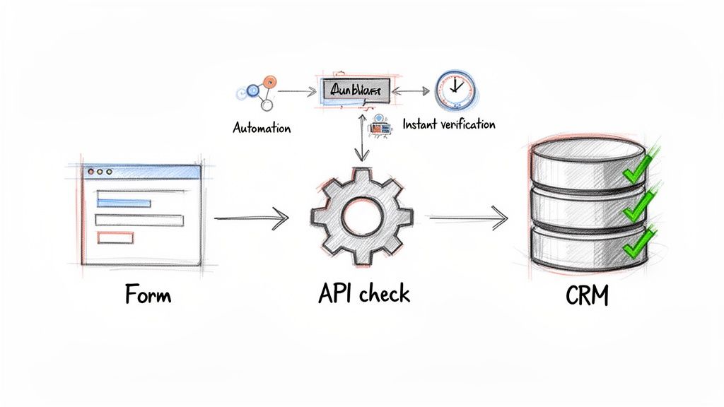 A diagram illustrating data flow from a form through an API check, instant verification, and CRM.