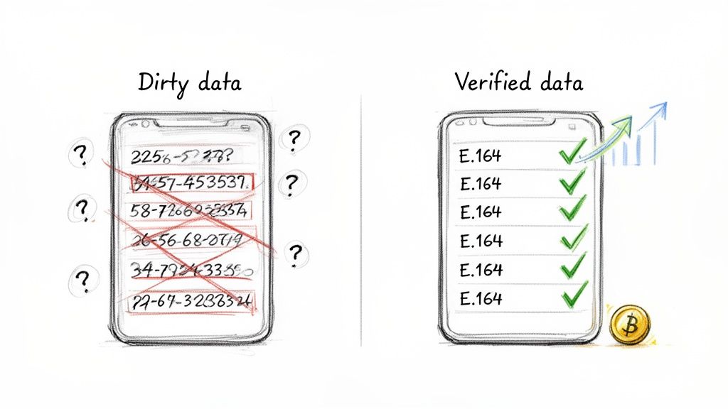 An image comparing a phone with 'Dirty data' (invalid numbers) to one with 'Verified data' (E.164 format) and growth.
