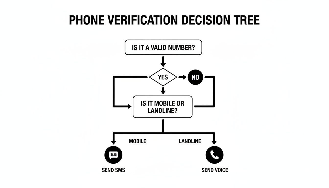 Decision tree for phone number verification: check validity, then send SMS for mobile or voice for landline.