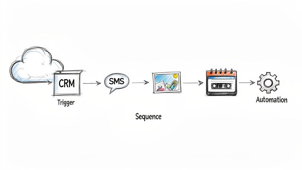 A flowchart demonstrating a sequence from CRM trigger to SMS, rich media, scheduled content, and final automation.