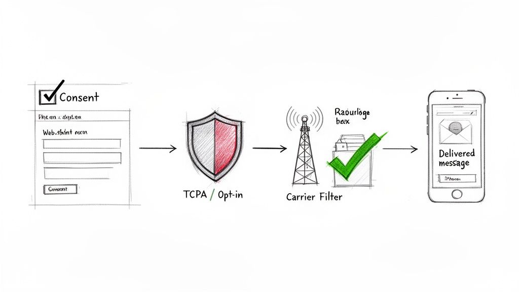 Diagram showing the SMS/MMS message delivery process, from consent and TCPA opt-in through carrier filters to successful delivery on a smartphone.