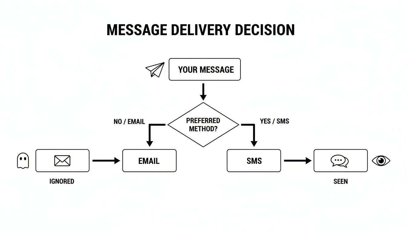 Flowchart comparing email and SMS message delivery, showing emails are ignored and SMS messages are seen.
