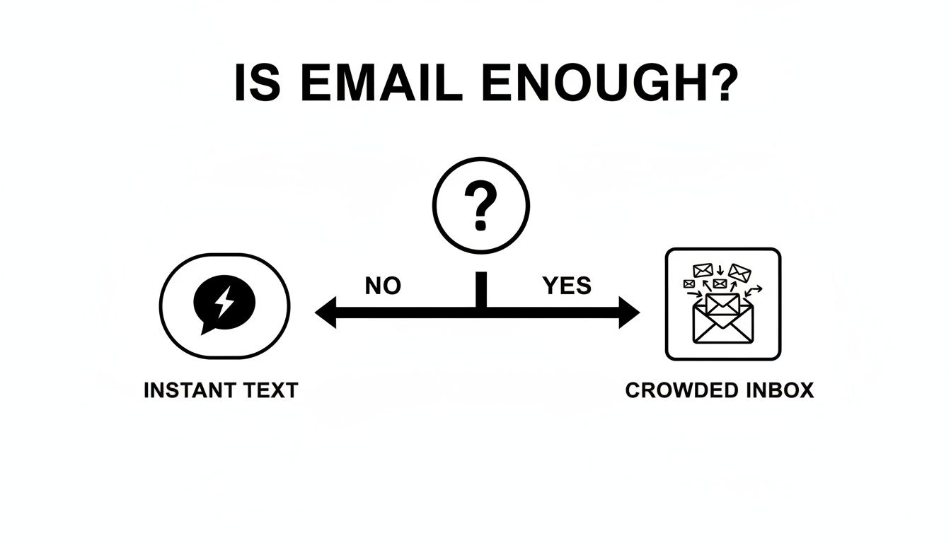 A diagram questioning if email is enough, comparing instant text messaging to a crowded email inbox.