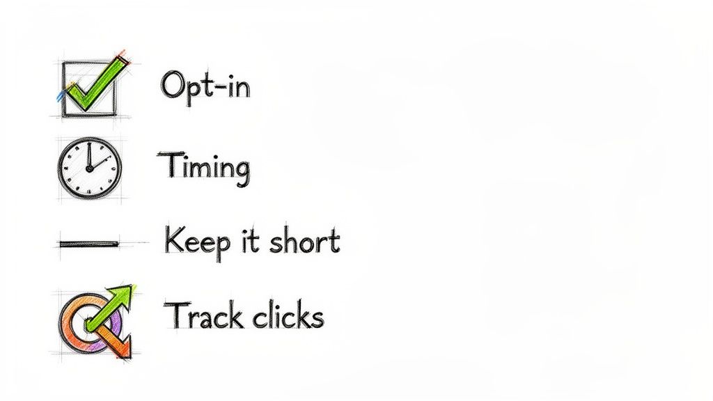 A hand-drawn checklist illustrating four key principles: Opt-in, Timing, Keep it short, and Track clicks.