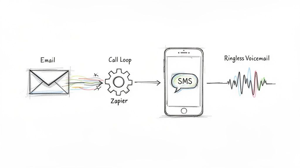 A diagram illustrating email integration with Zapier to send SMS messages and ringless voicemails.