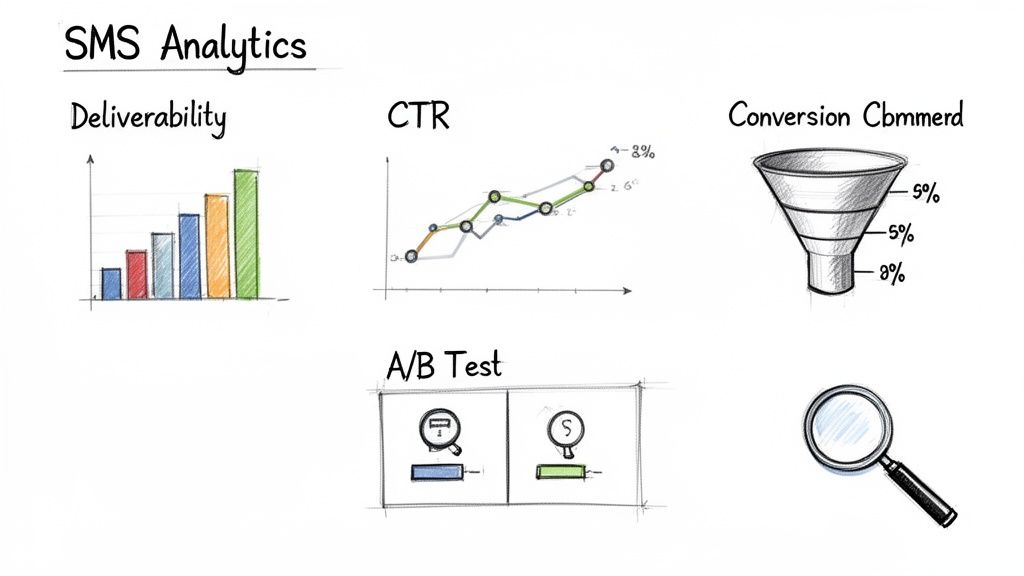 SMS analytics concepts illustrated with charts, a funnel, and A/B test for message campaigns.