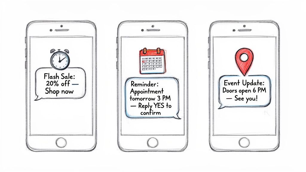 Three smartphones displaying various SMS message notifications: flash sale, appointment reminder, and event update.