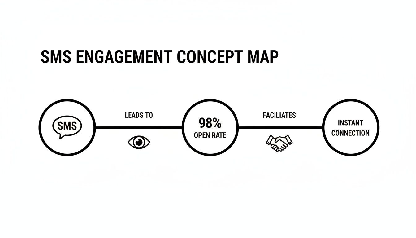 A concept map illustrating SMS engagement, showing SMS leading to 98% open rate and instant connection.