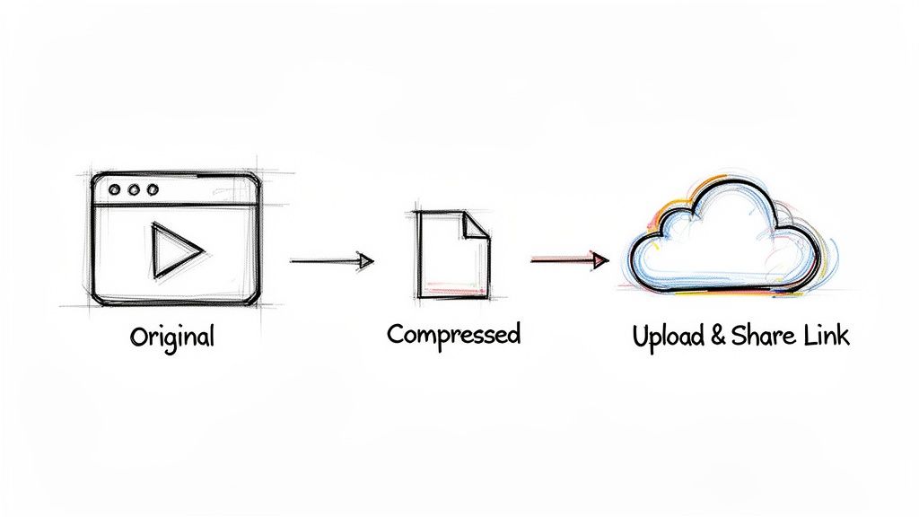 A diagram illustrating the process of compressing an original video file and uploading it to share.