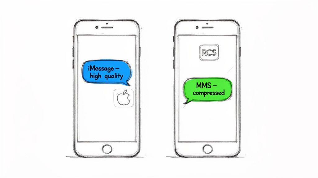 An illustration comparing high-quality iMessage texts with compressed MMS messages on two smartphones.